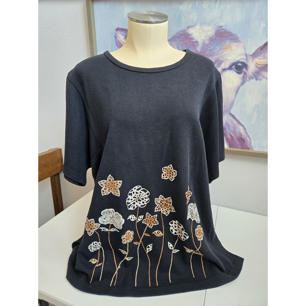 Teddi Women's 1X Black Floral Animal Print Graphic Ribbed Short Sleeve T-Shirt
